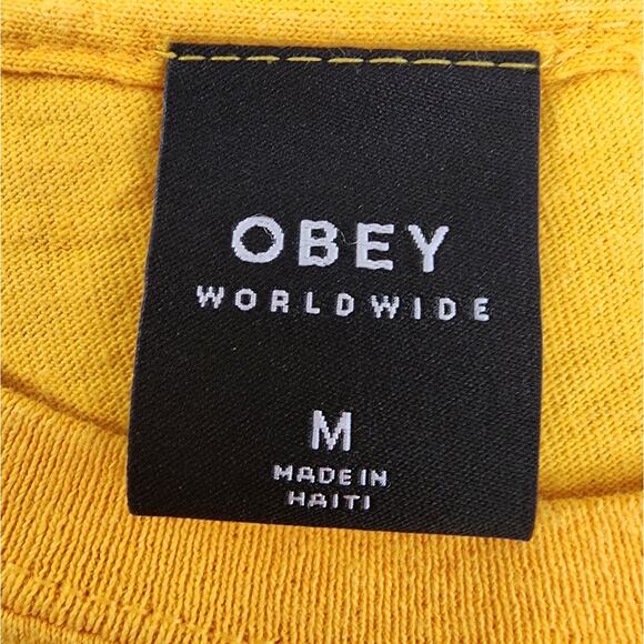 Vintage OBEY Top Womens M Mustard Yellow Boxy Crop Logo Graphic Tee Casual - Picture 4 of 8